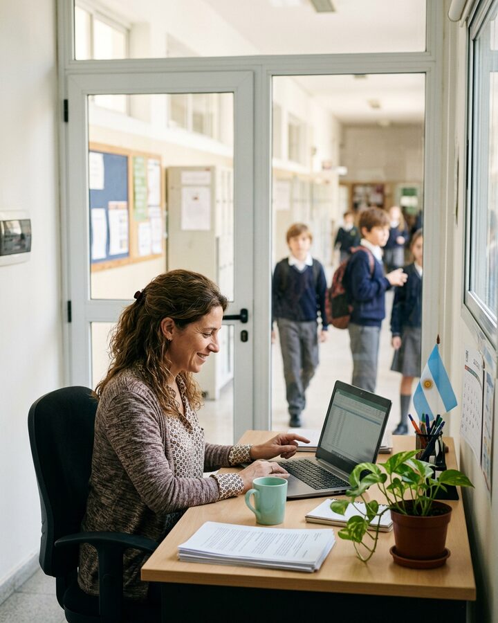 Encargada de la administración de un colegio revisando la planilla en la notebook, con los alumnos de fondo