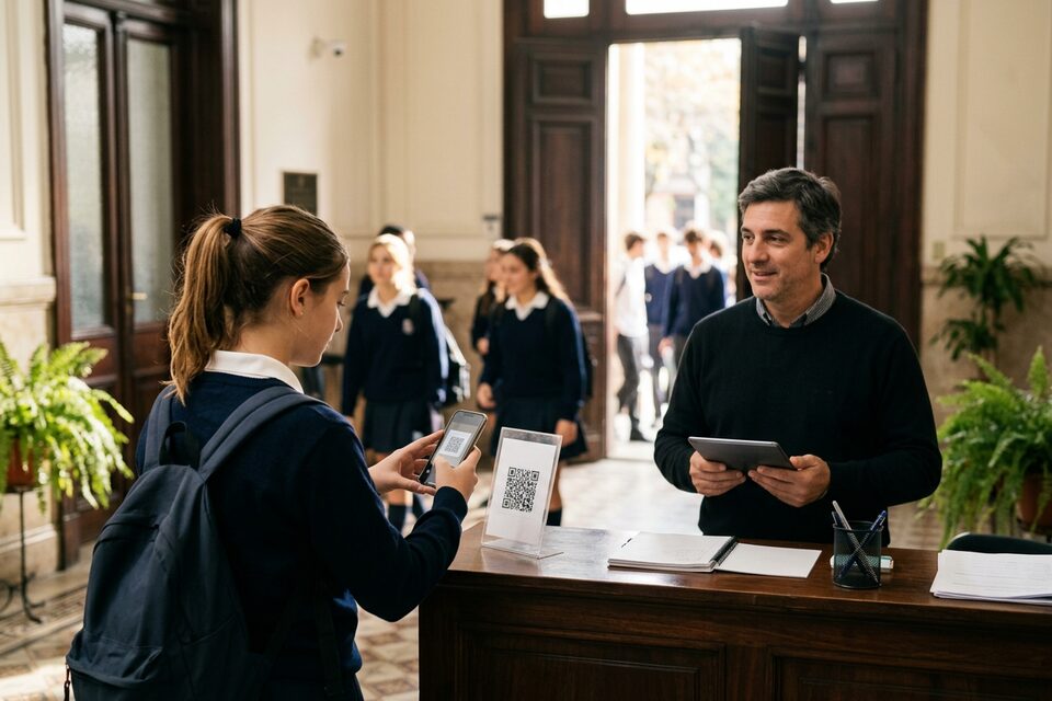 Registrando el ingreso con el celular en el código QR de la recepción