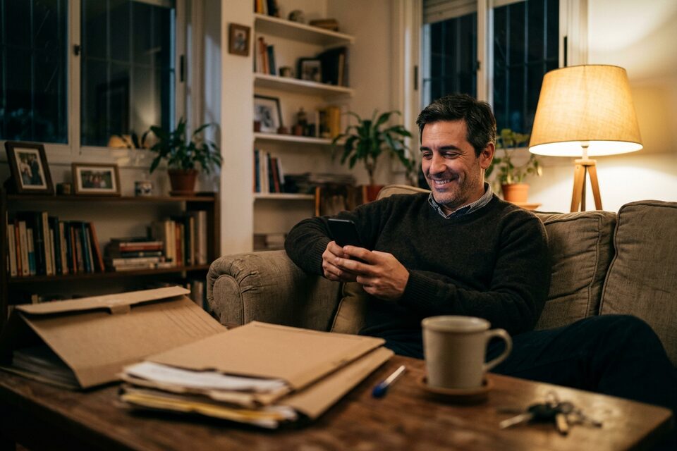 Leyendo de noche en el celular la respuesta a una consulta