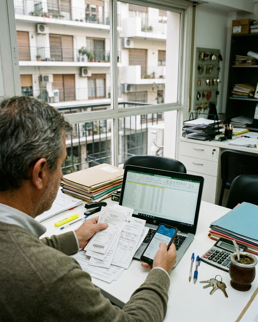 Escritorio con comprobantes de transferencia impresos, un resaltador y el celular